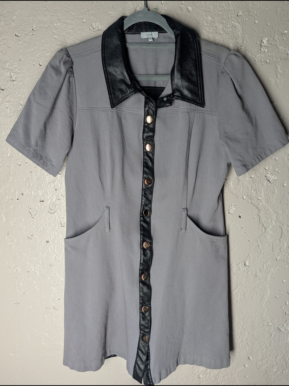 VOY Gray Denim Shirt Dress Faux Leather Trim Button Front Pockets